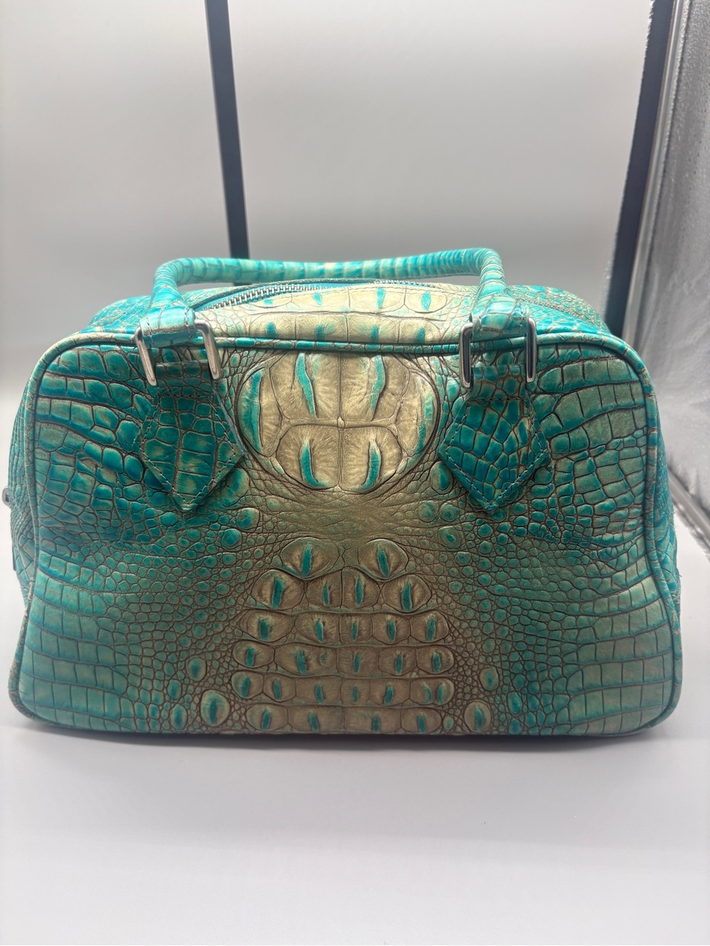 Jalda Turquoise Croc Embossed Leather Satchel Doctor Bag USA